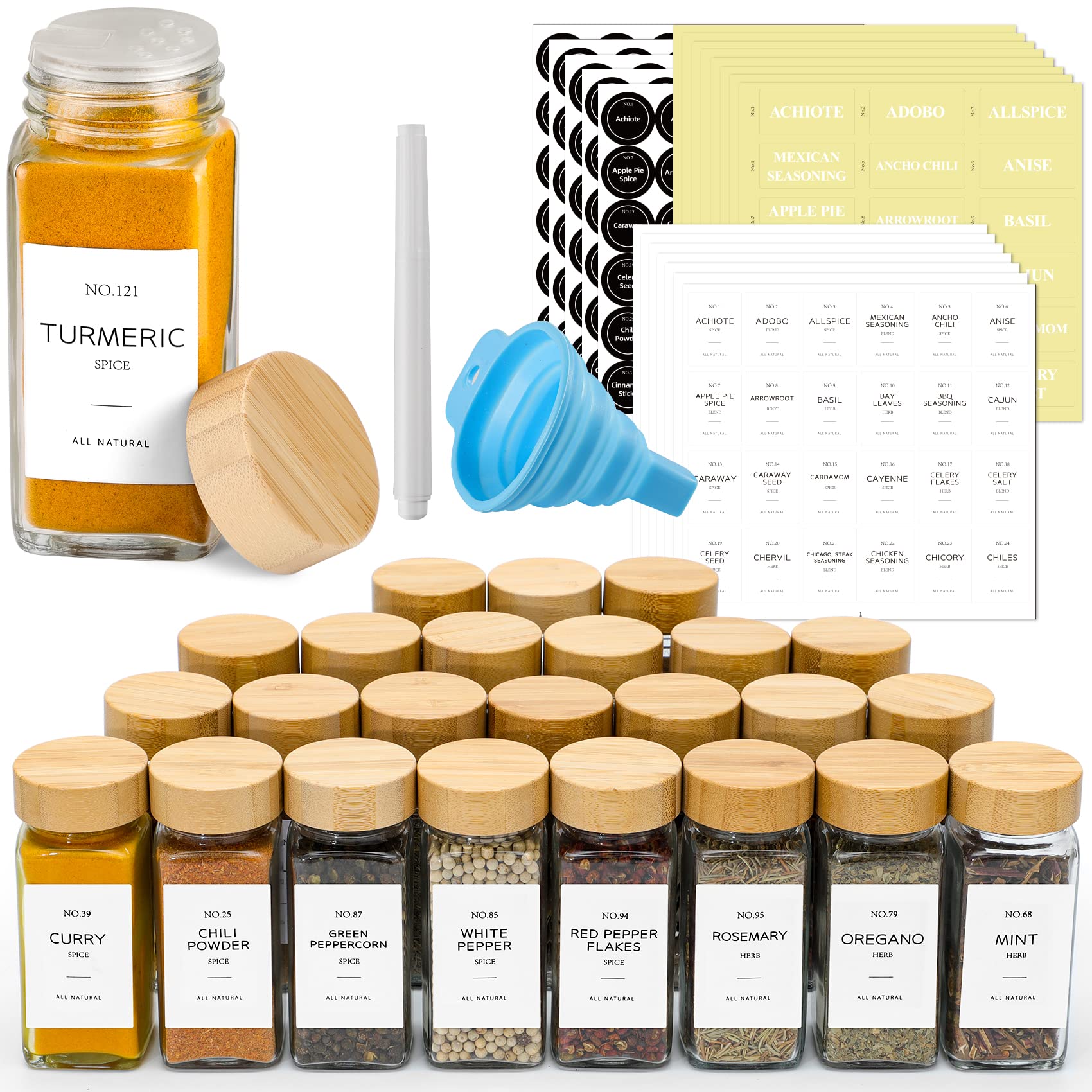 NETANY front view of 24 glass spice jars showing neat, visible storage benefit