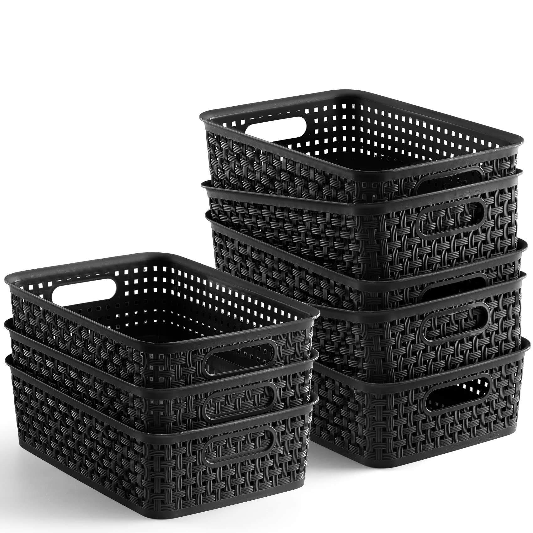 NETANY front view of eight black baskets showing compact storage and neat stacking