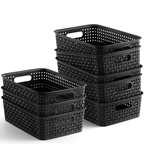 NETANY front view of eight black baskets showing compact storage and neat stacking