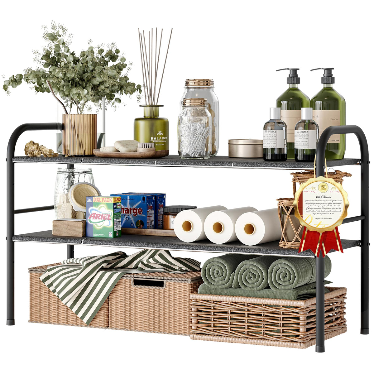 NETEL front view of assembled under-sink organizer showing tidy storage benefit