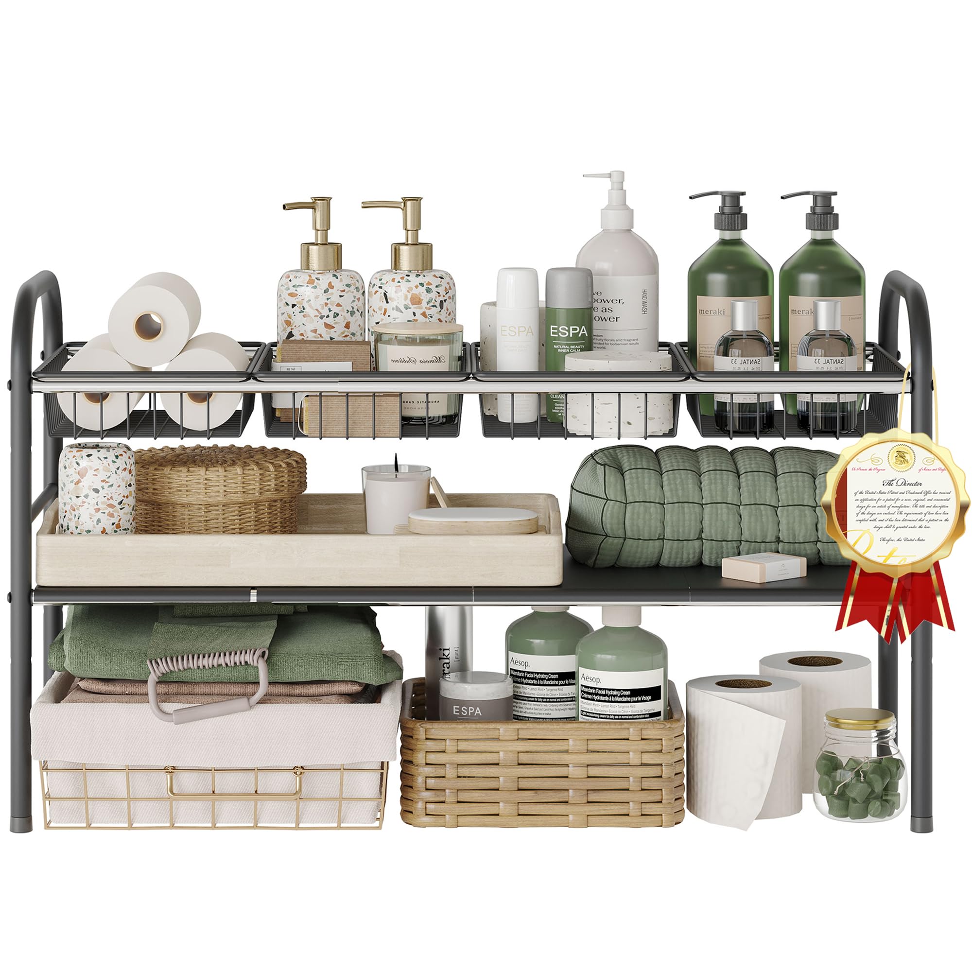 NETEL front view showing full expandable under-sink shelf and tidy storage benefit