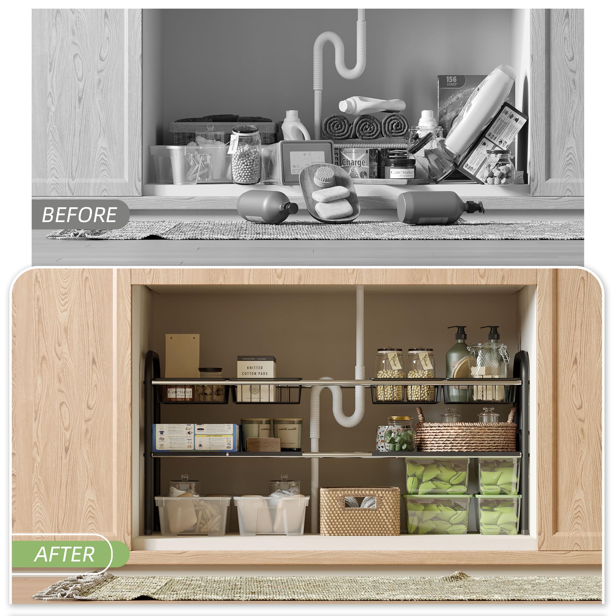 NETEL organizer installed around sink plumbing showing space-saving and clearance benefit