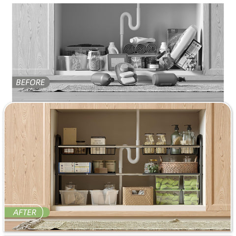 NETEL organizer installed around sink plumbing showing space-saving and clearance benefit