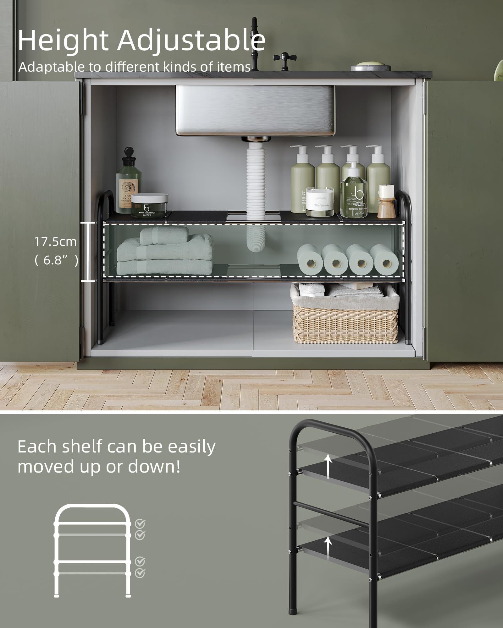 NETEL height adjustment holes detail showing flexible shelf-height benefit