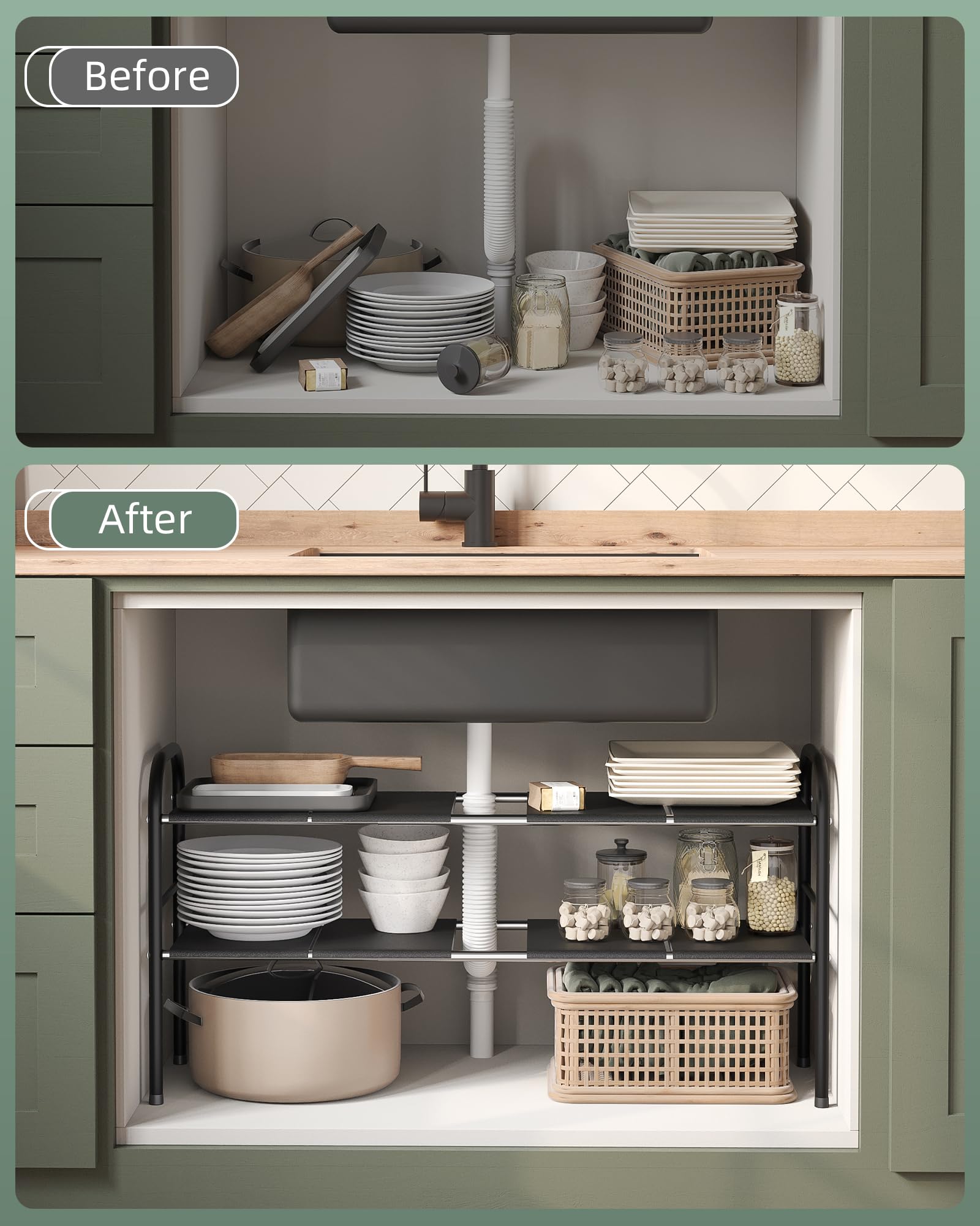 NETEL organizer in a kitchen cabinet lifestyle shot showing clutter-free benefit