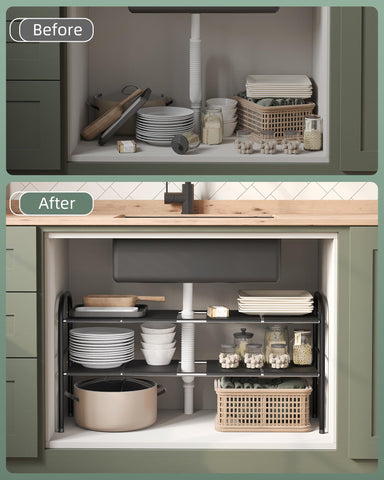 NETEL organizer in a kitchen cabinet lifestyle shot showing clutter-free benefit