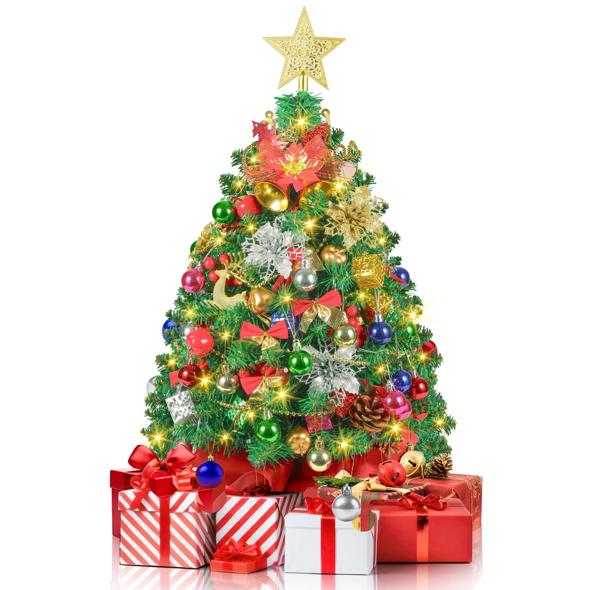Neten front view of prelit mini tree showing full decorations and immediate festive impact