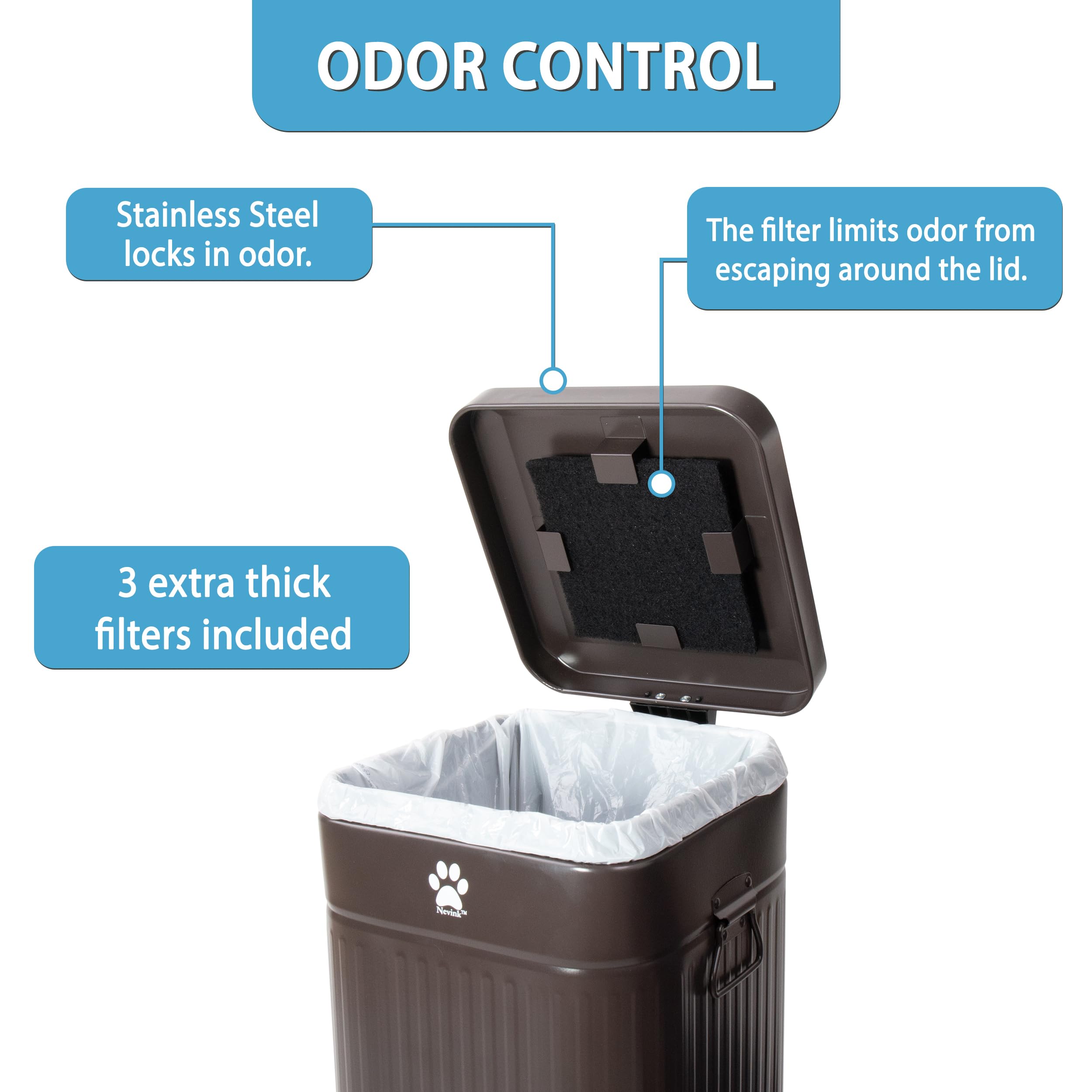 Nevink foot pedal detail demonstrating hands-free operation and hygienic disposal benefit
