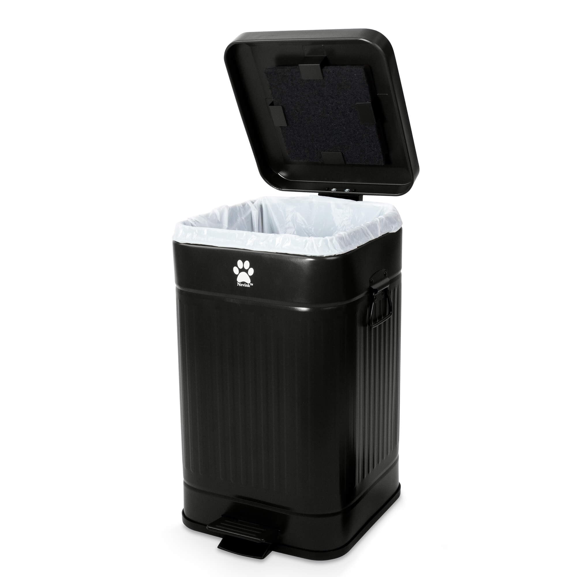 Nevink front view of outdoor trash can showing durable steel body and secure lid, keeps odors contained