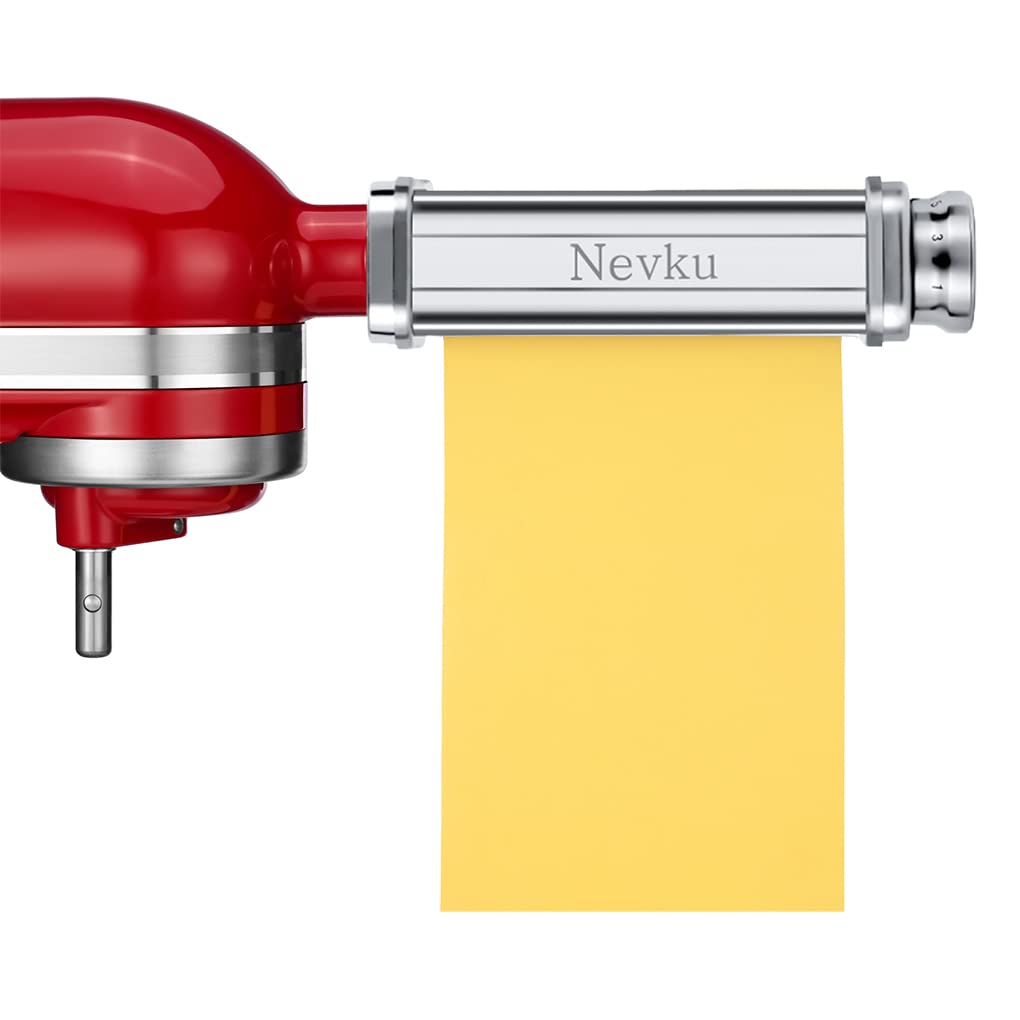 NEVKU attachments attached to a stand mixer demonstrating easy snap-on use