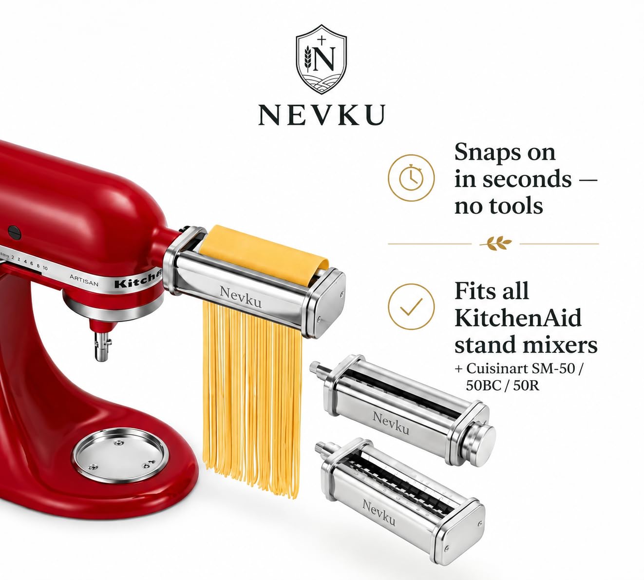NEVKU fettuccine cutter close-up creating wide ribbons for hearty sauces