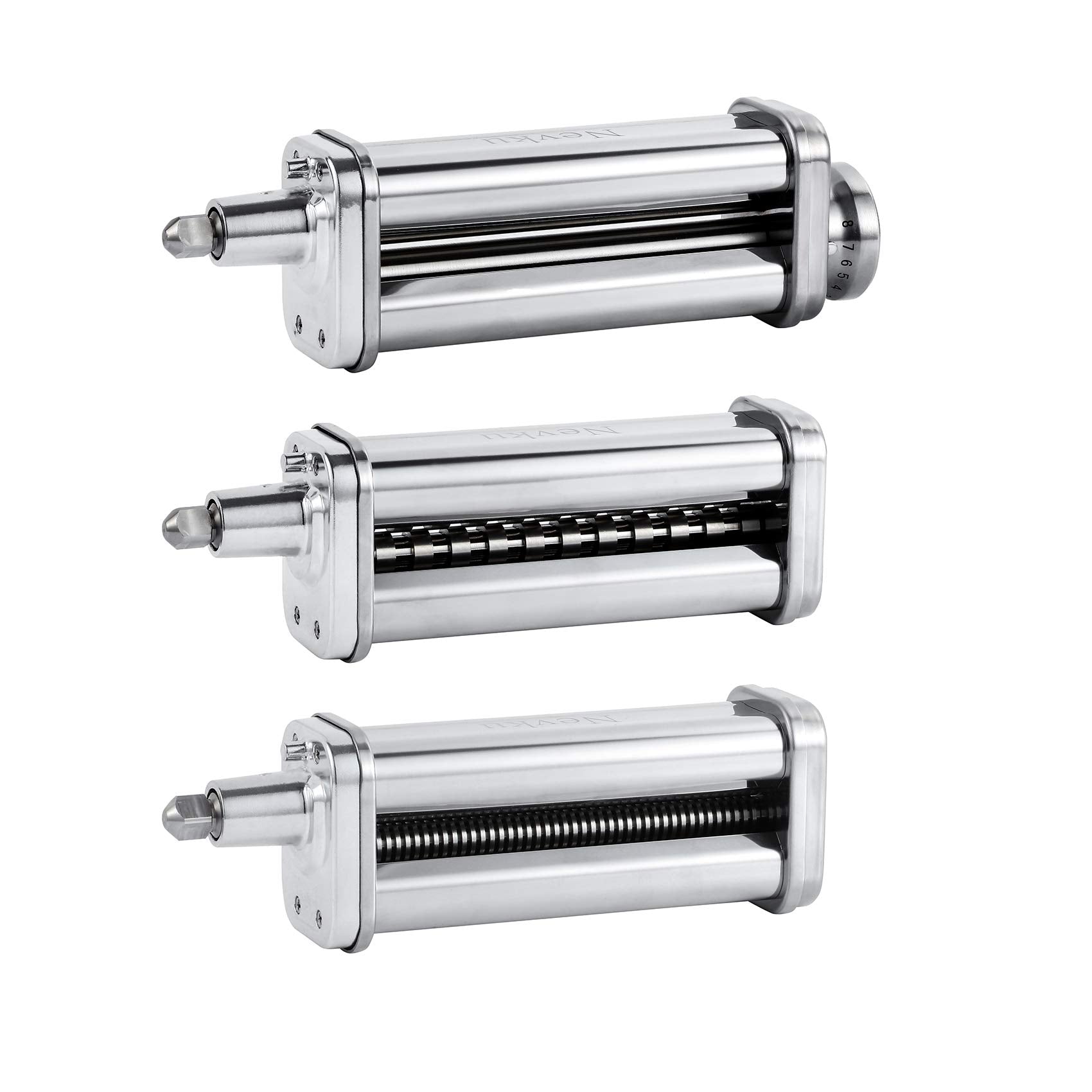 NEVKU front packaging showing full 3-piece pasta attachment set and gift-ready box benefit