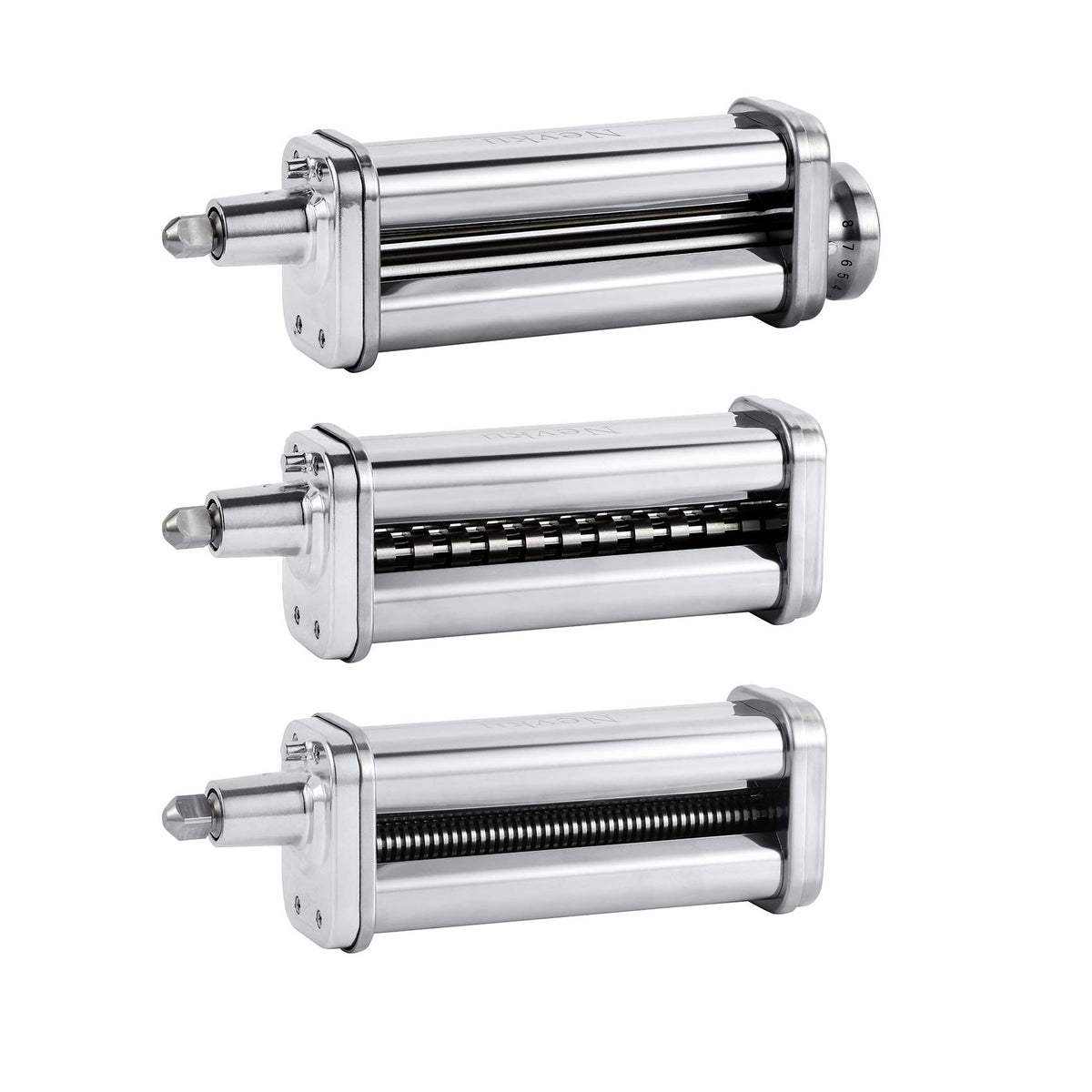 NEVKU front packaging showing full 3-piece pasta attachment set and gift-ready box benefit