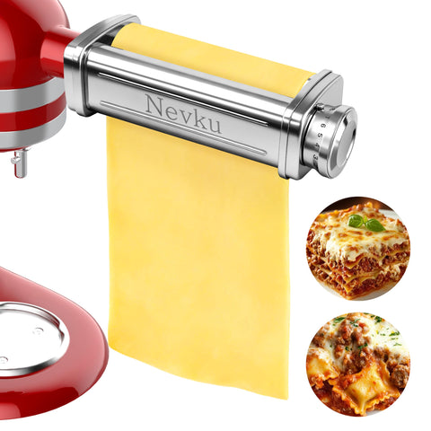 NEVKU fresh pasta sheet exiting roller illustrating uniform thickness and quick results