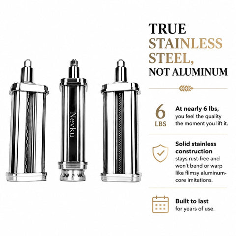 NEVKU stainless steel roller close-up showing smooth surface for even pasta sheets