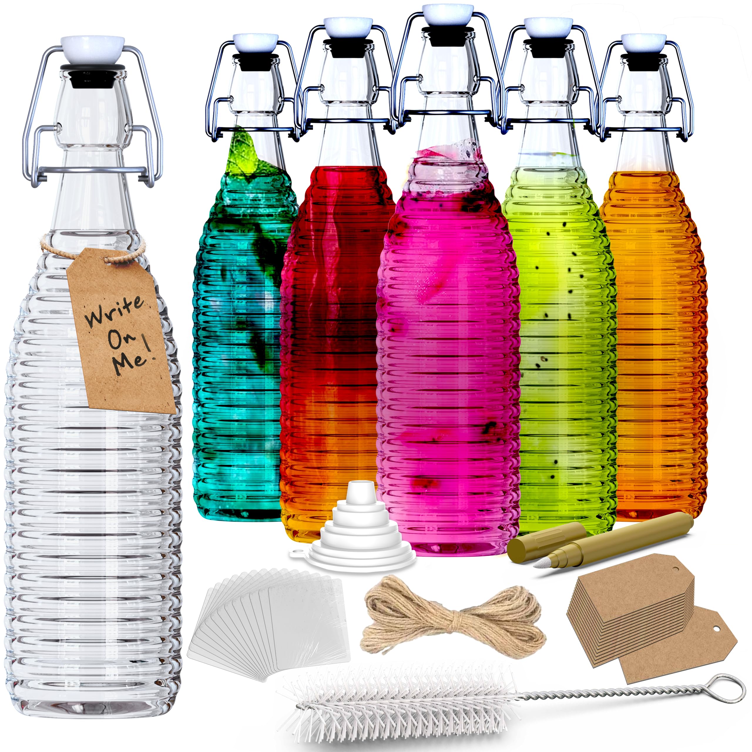 Nevlers front view of six bottles showing stylish ringed design and airtight lids benefit presentation