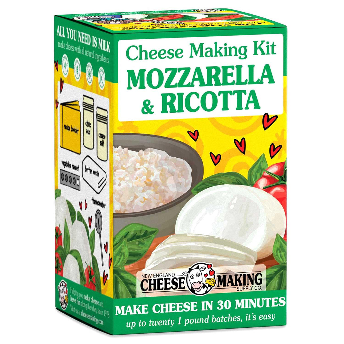 New England Cheesemaking kit front view showing contents for easy home mozzarella