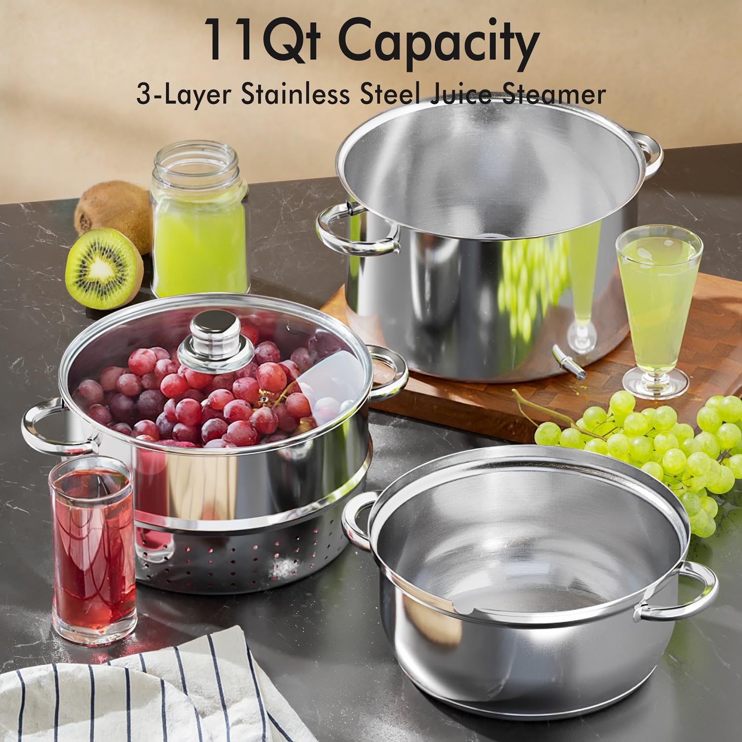 New England Stories assembled steamer with lid ready to extract juice efficiently