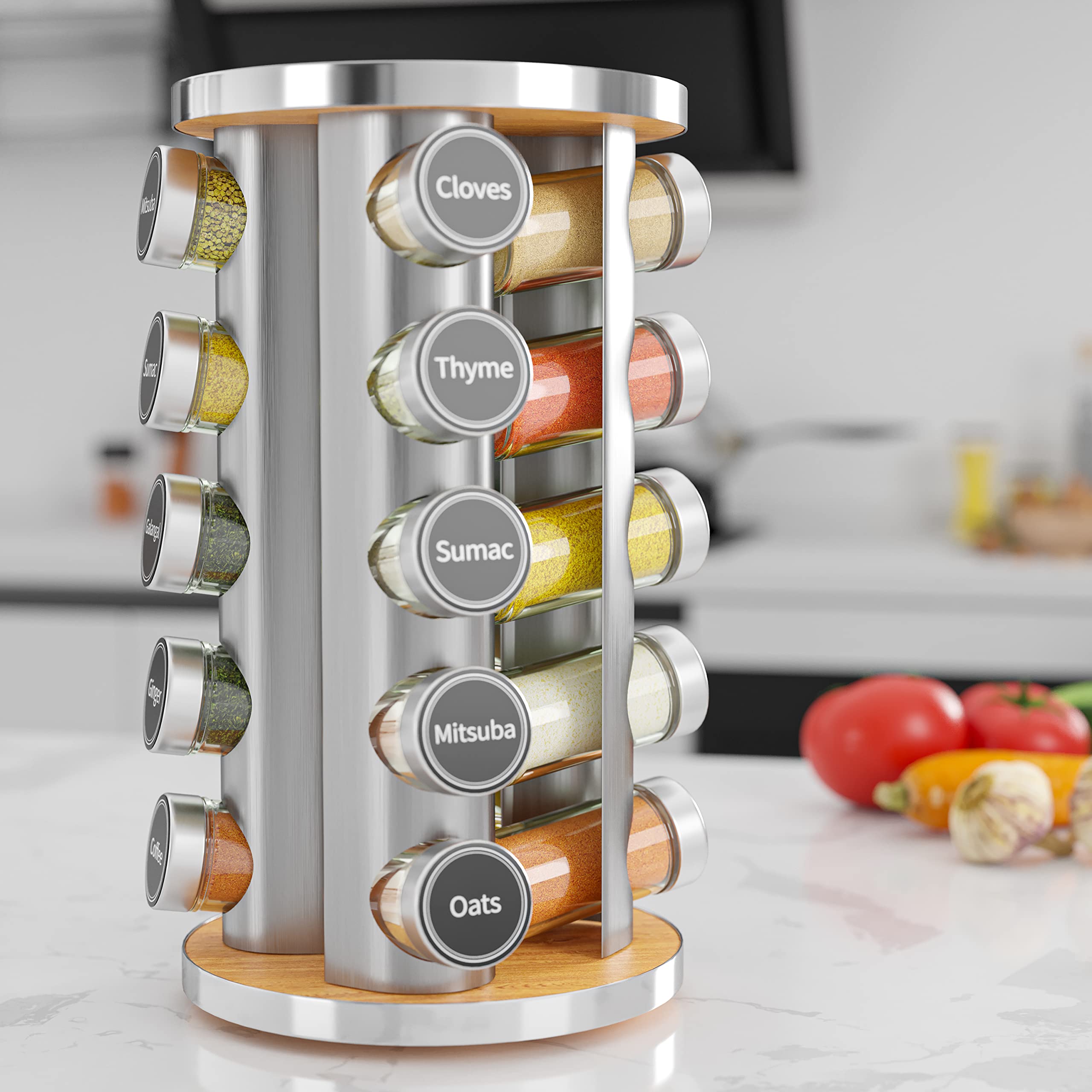 New England Stories spice tower on kitchen counter illustrating clutter-free organization
