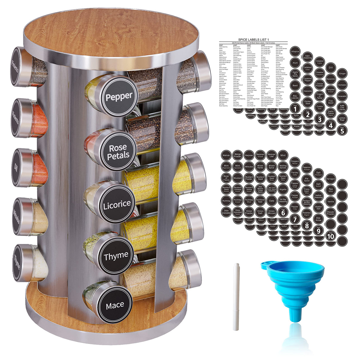 New England Stories front view of rotating spice rack showing 20 jars for organized storage
