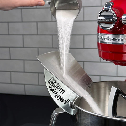 New Metro Design pouring chute in use on stand mixer reducing splatter and protecting hands