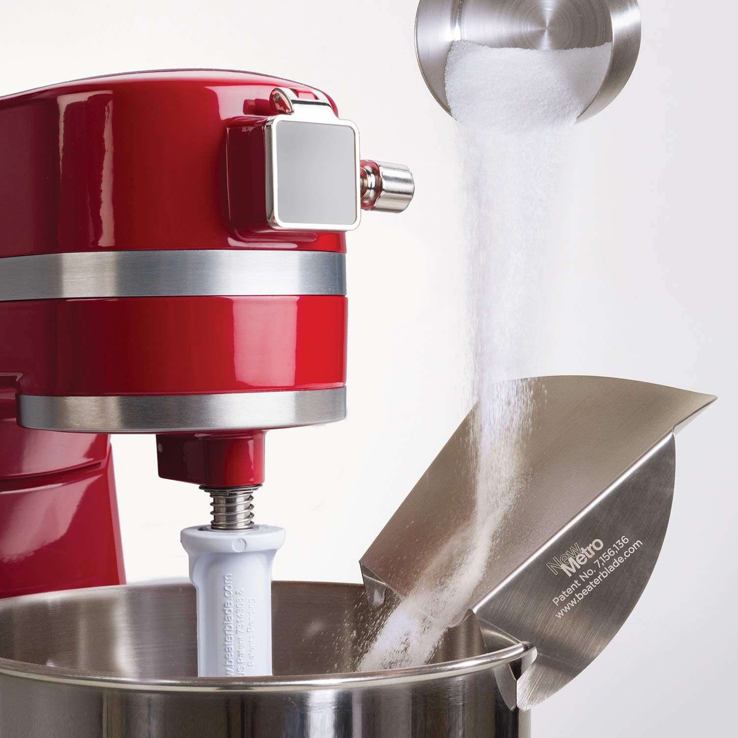 New Metro Design pouring chute in a kitchen baking scene highlighting tidy workflow