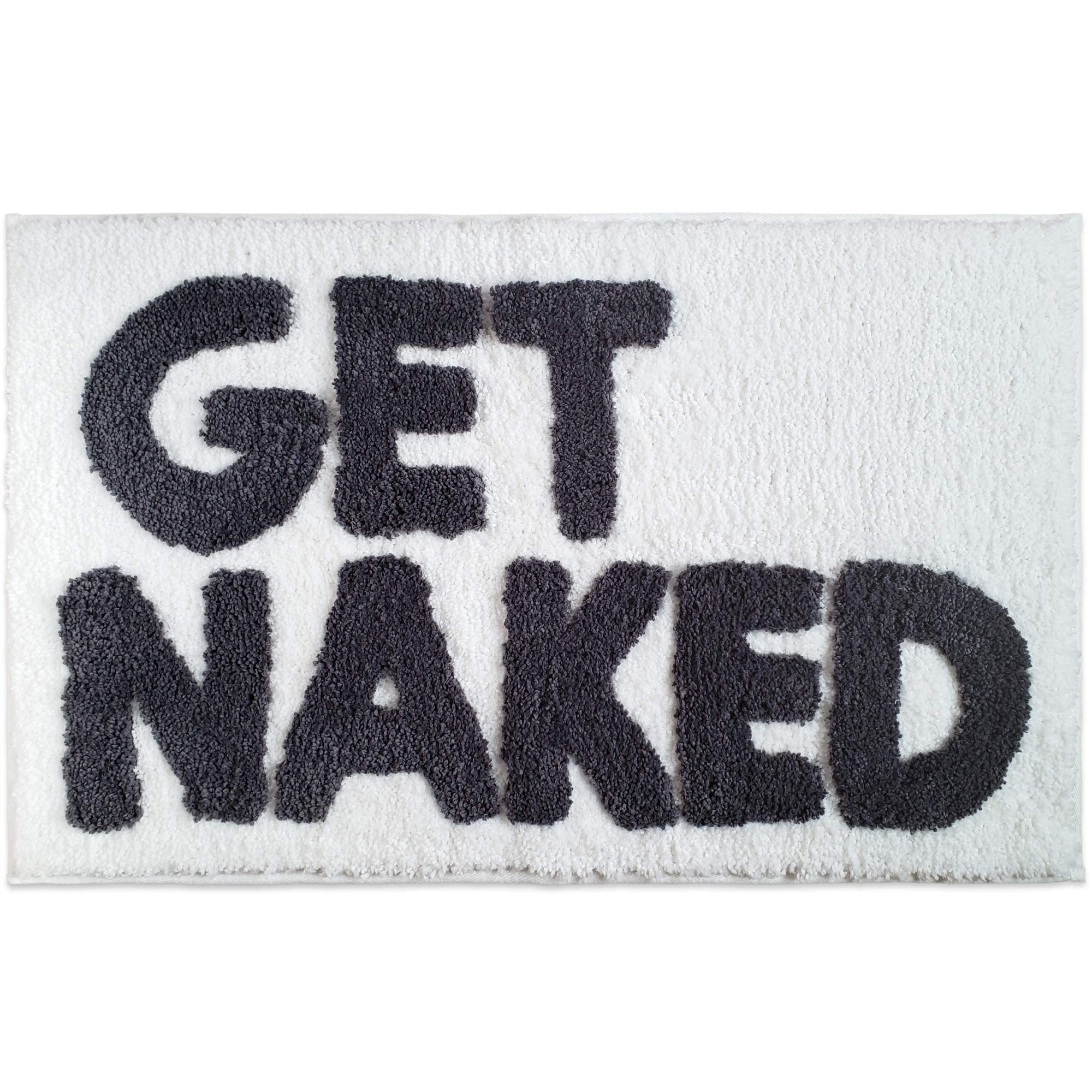 New Mungo front view of gray and white Get Naked bath mat showing design and fit