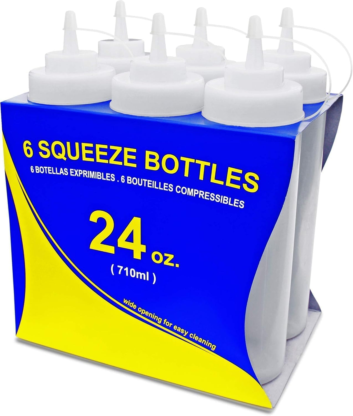 New Star Foodservice front view of six clear squeeze bottles showing capacity and pack benefit