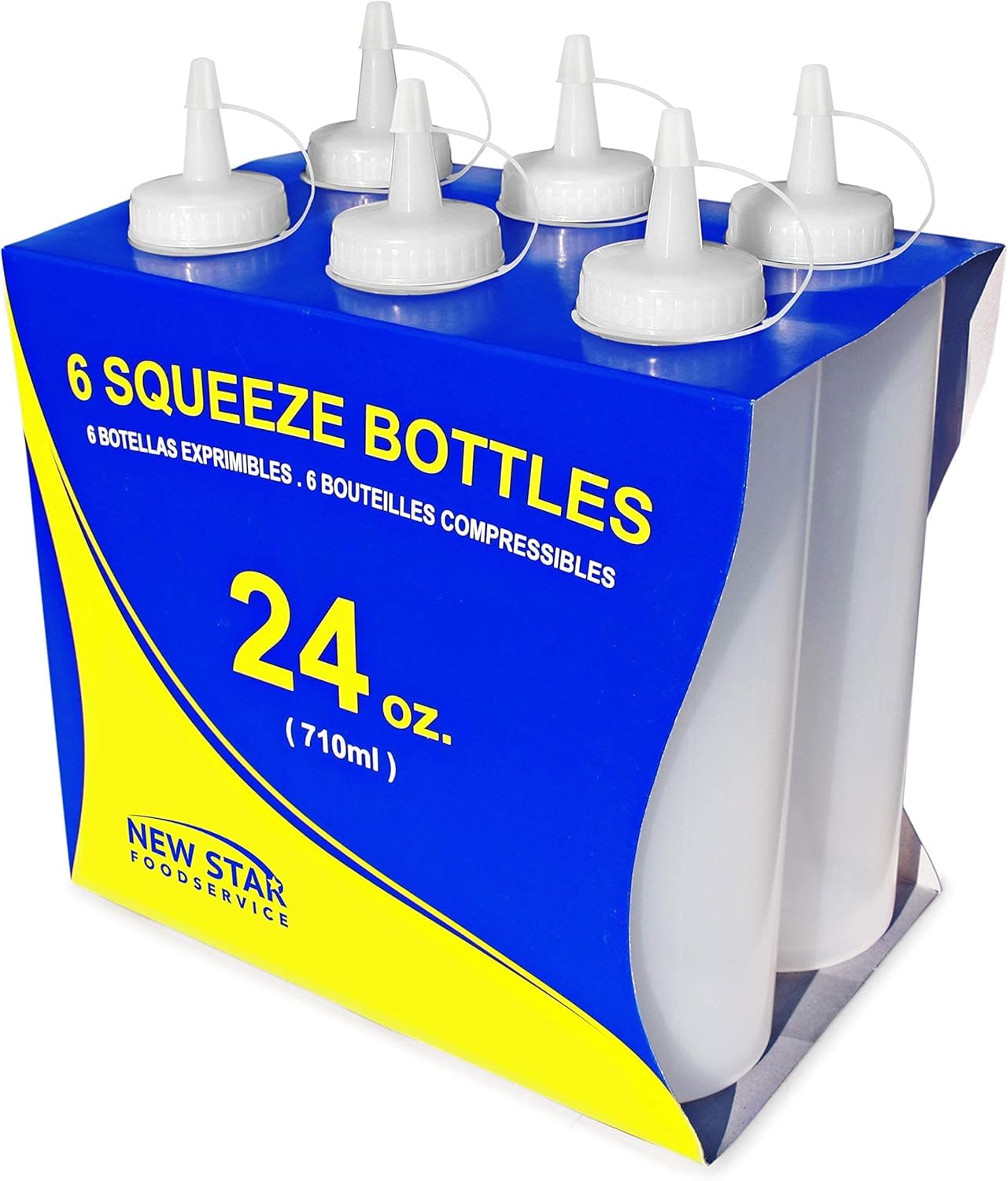 New Star Foodservice front view showing six clear 24 oz bottles for organized storage