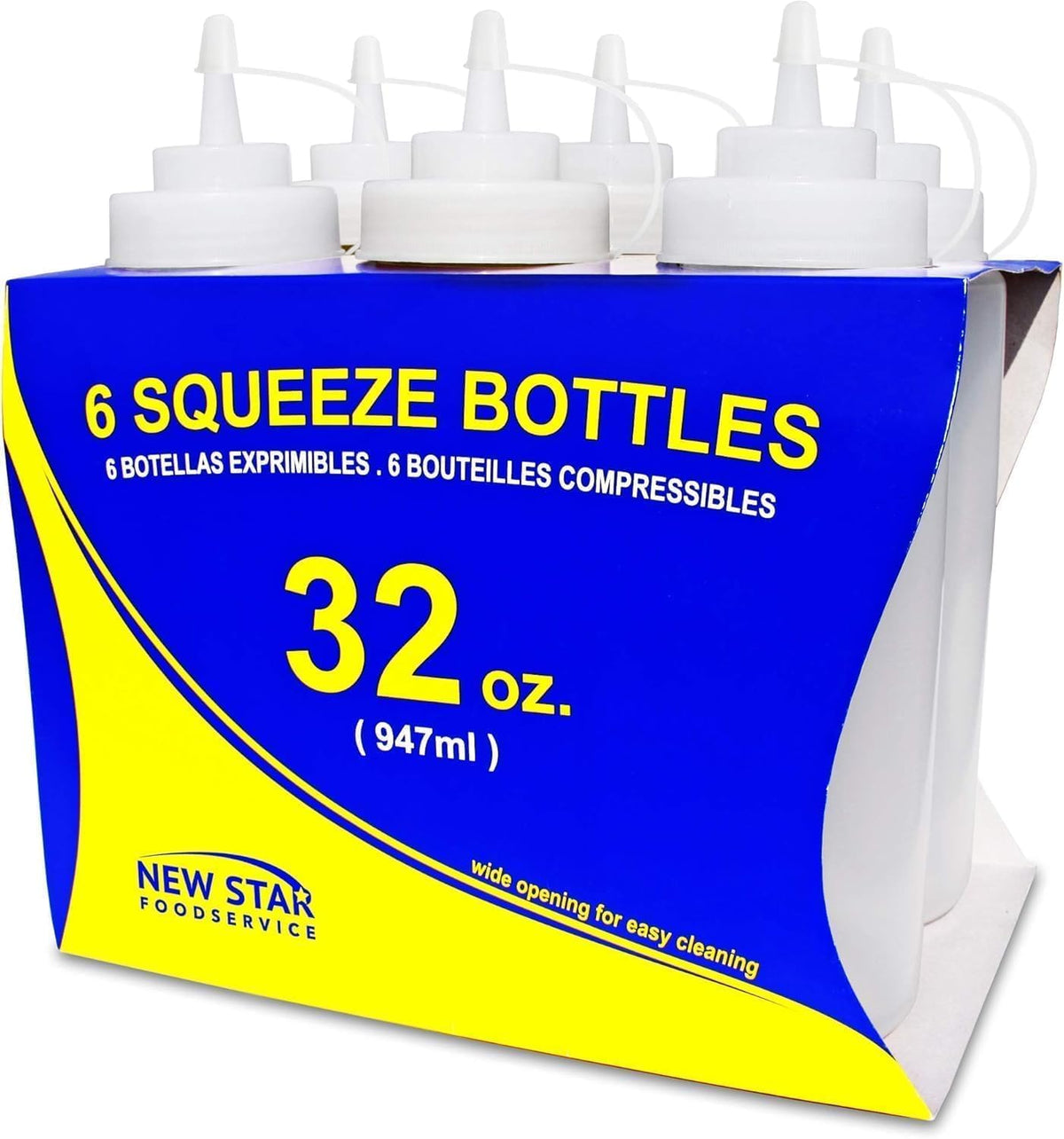 New Star Foodservice front view of six clear 32 oz bottles showing organized storage benefit