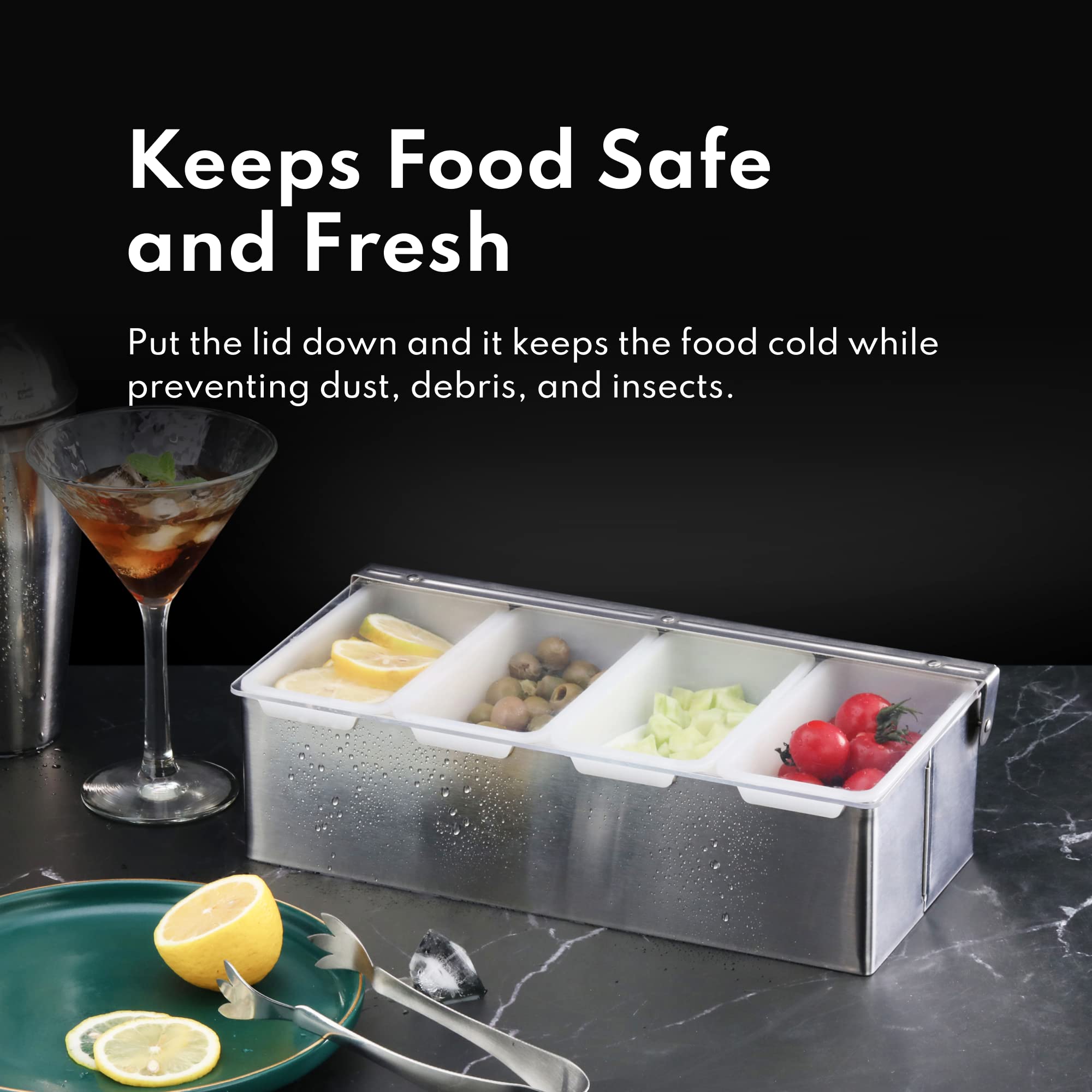 New Star Foodservice compartments filled with olives cherries and lemon slices for efficient prep