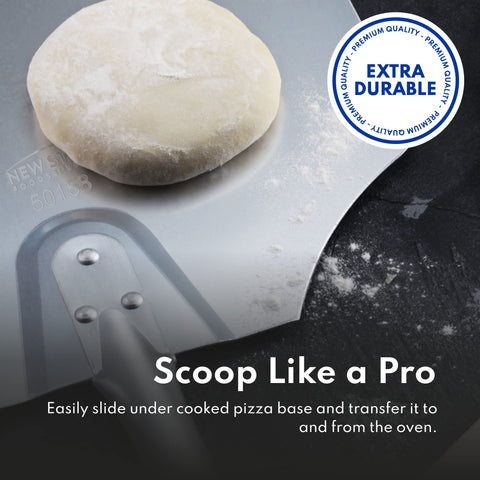 New Star Foodservice peel holding a cooked pizza illustrating secure lift benefit