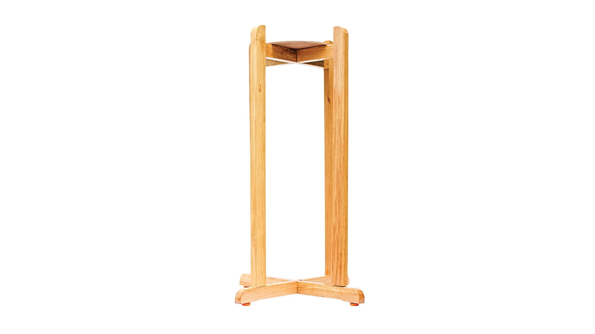 New Wave Enviro front view of natural wood stand showing stability and space-saving