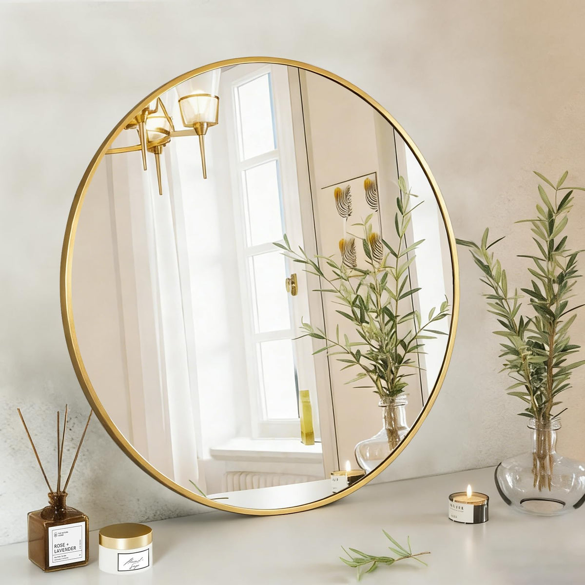 NEWBULIG 30-inch front view showing round mirror and matte gold frame for modern elegance