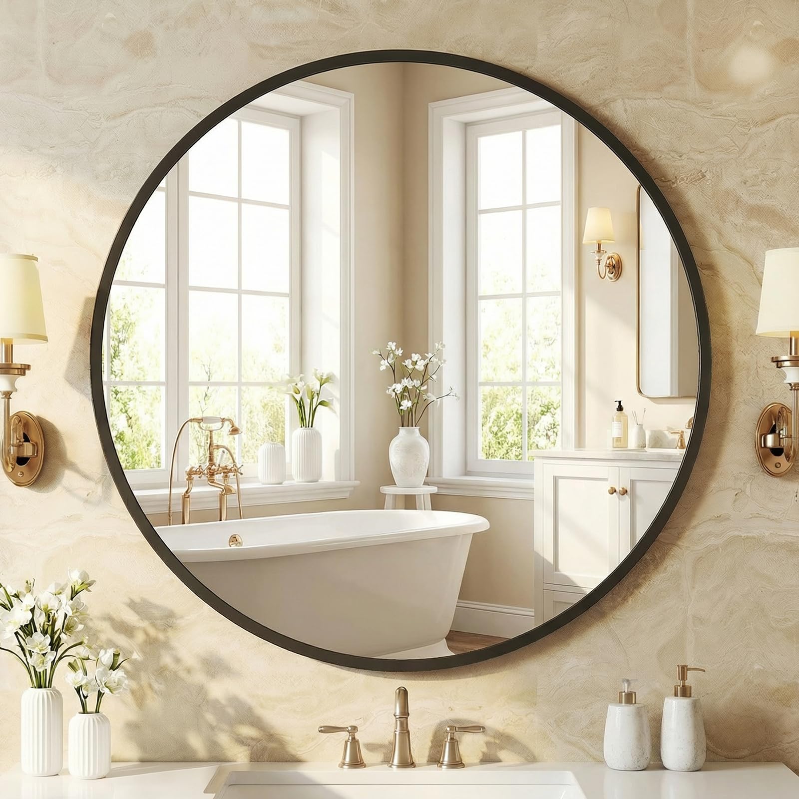 NEWBULIG front view of 30-inch round mirror showing clear reflection and modern look