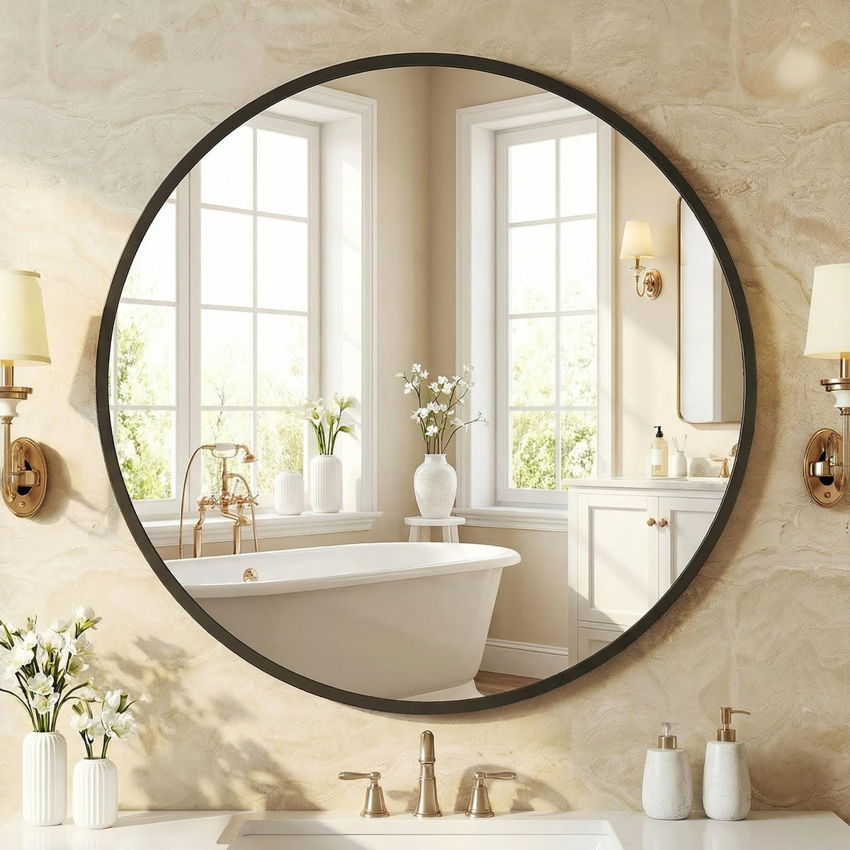NEWBULIG front view of 30-inch round mirror showing clear reflection and modern look