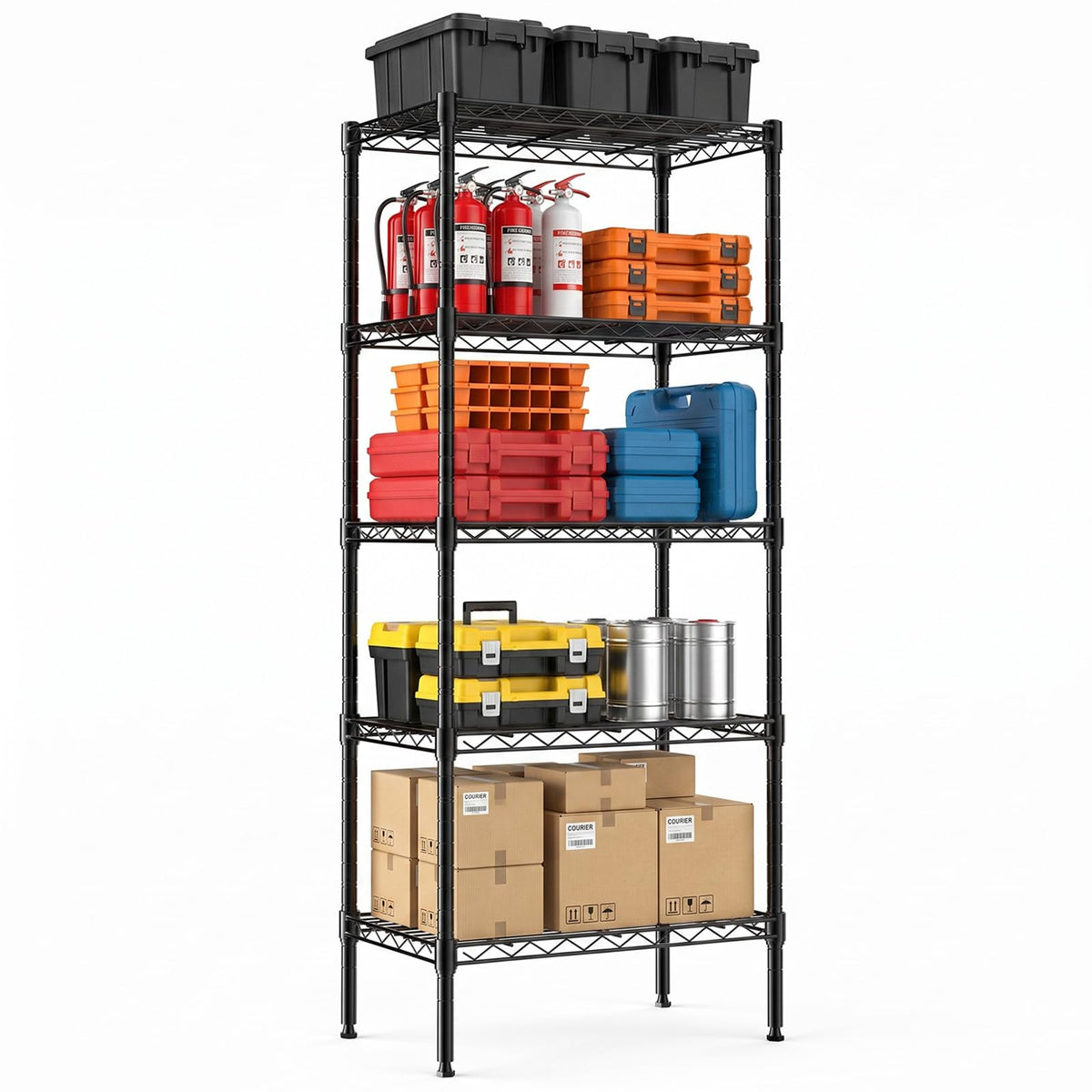 NEWBULIG front view of 5-tier black shelving showing compact footprint and organization benefit