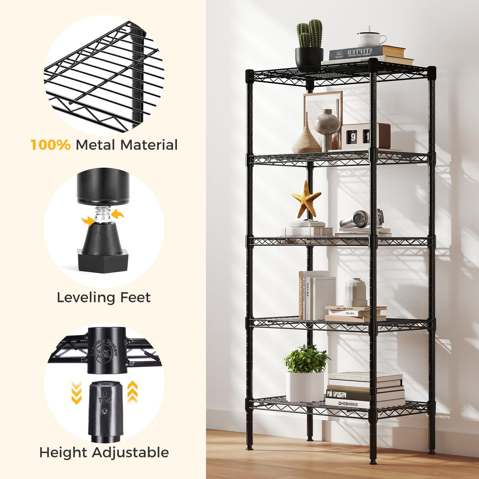 NEWBULIG shelving in kitchen holding appliances to save counter space and improve access