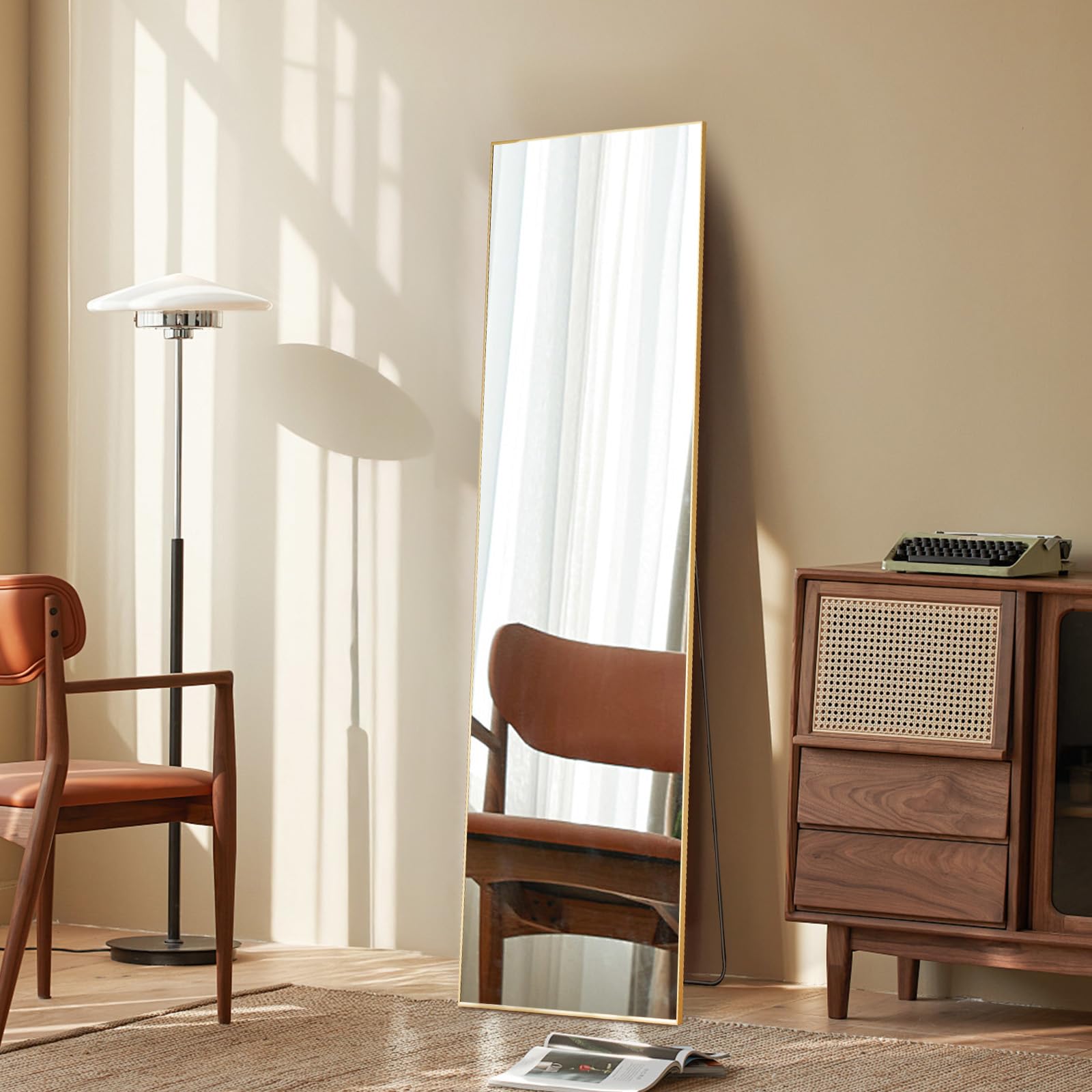 NEWBULIG mirror leaning in bedroom demonstrating space-saving use and styling benefit