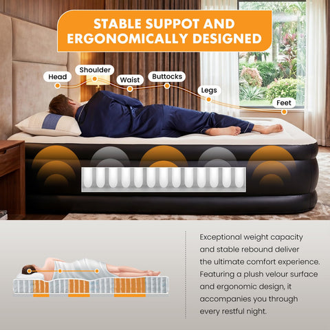 NEWBULIG size comparison with person showing 16-inch elevated bed height