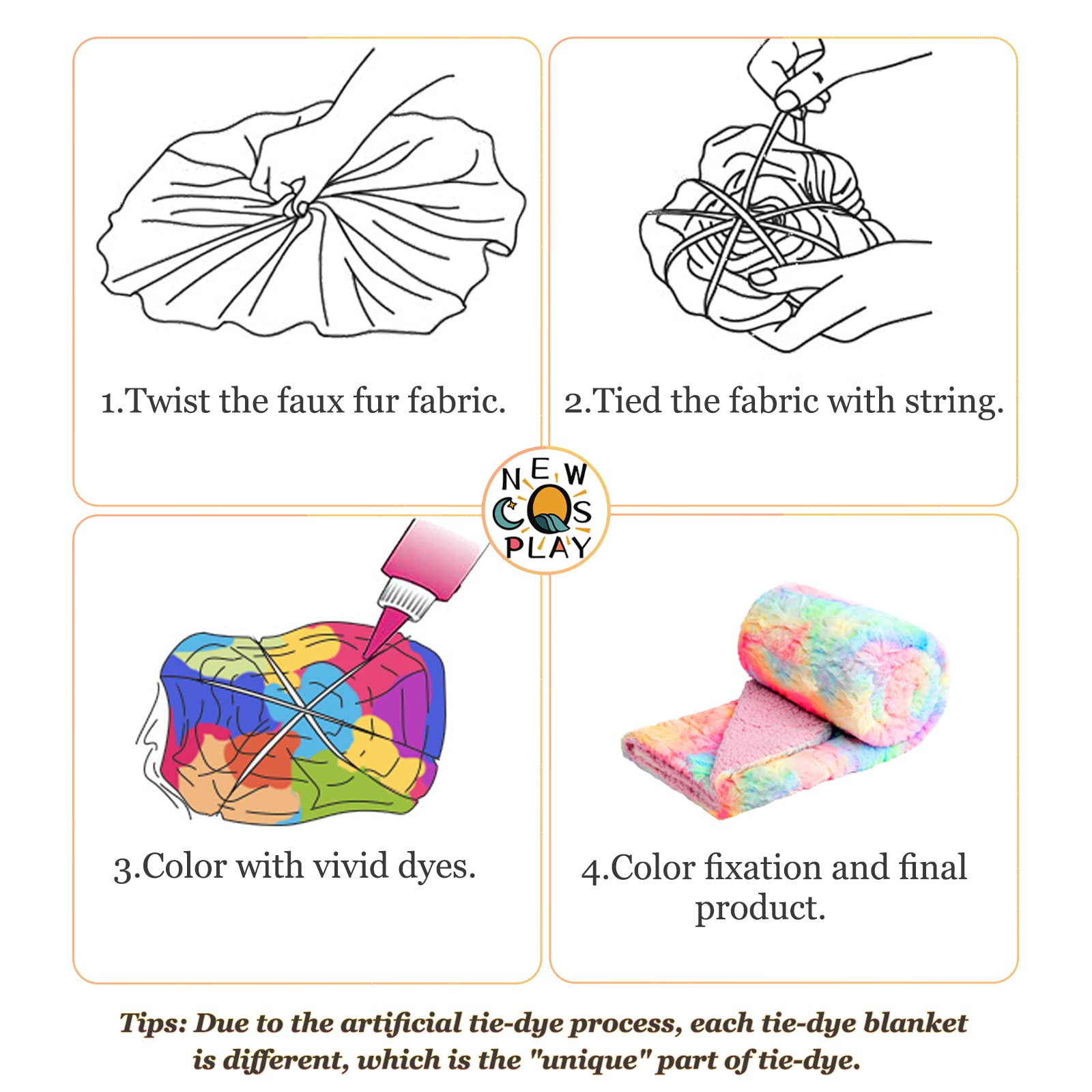 NEWCOSPLAY packaging and label showing care instructions and quality