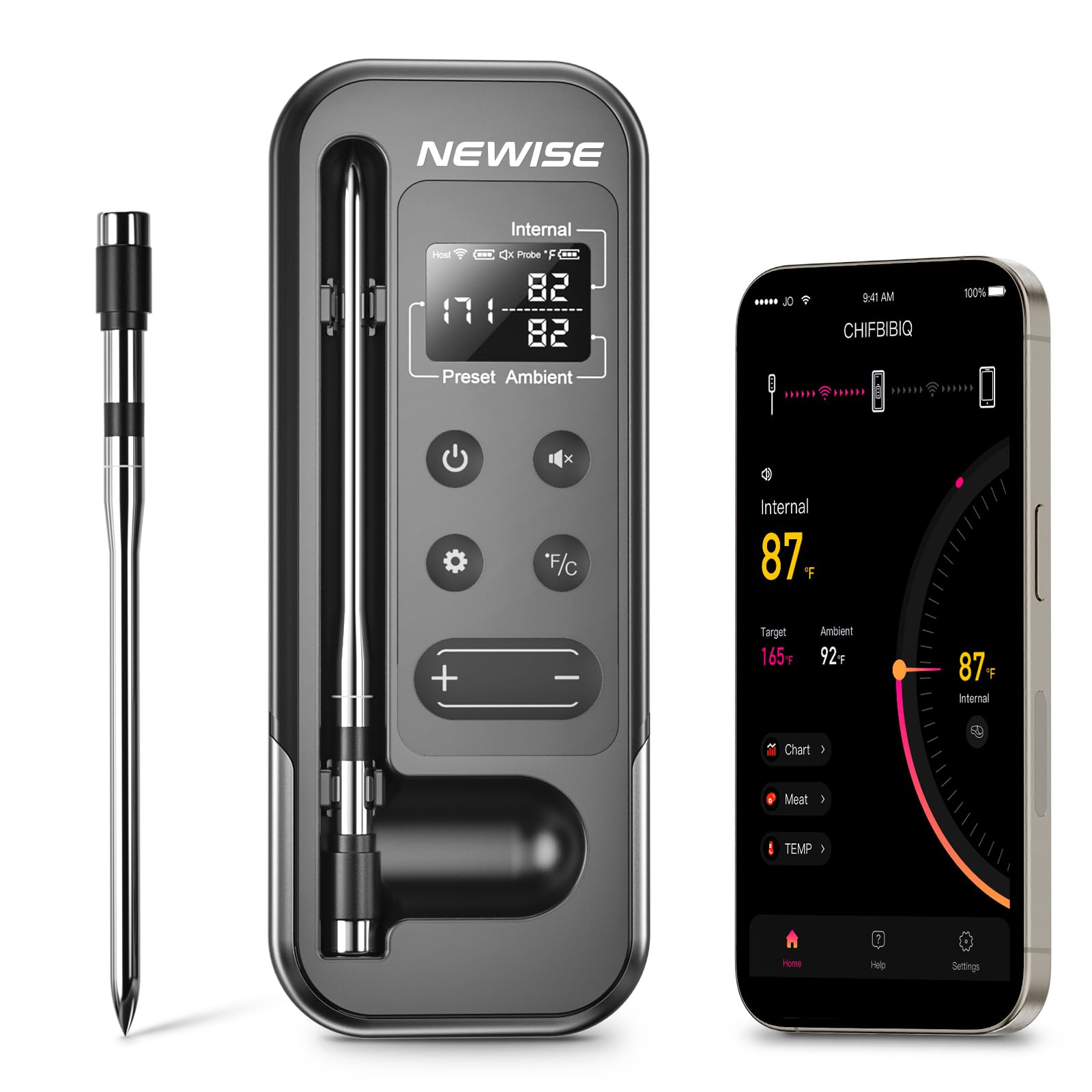 Newise front view packaging showing complete thermometer kit and benefits