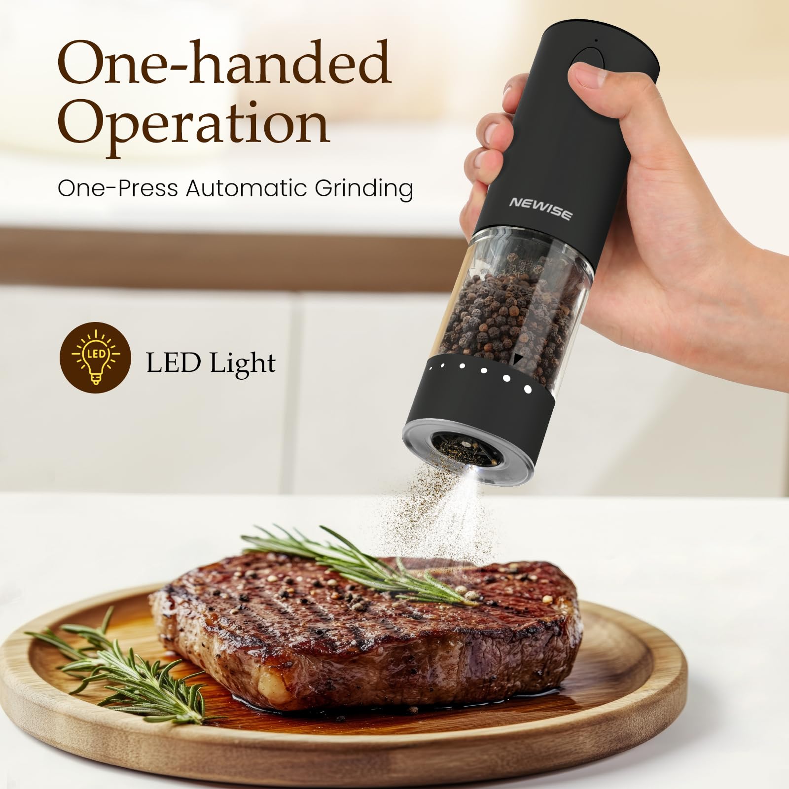Newise LED light on while grinding to highlight precise seasoning benefit