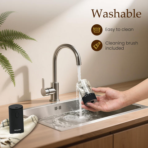 Newise open top refill being poured illustrating large capacity and simple refill