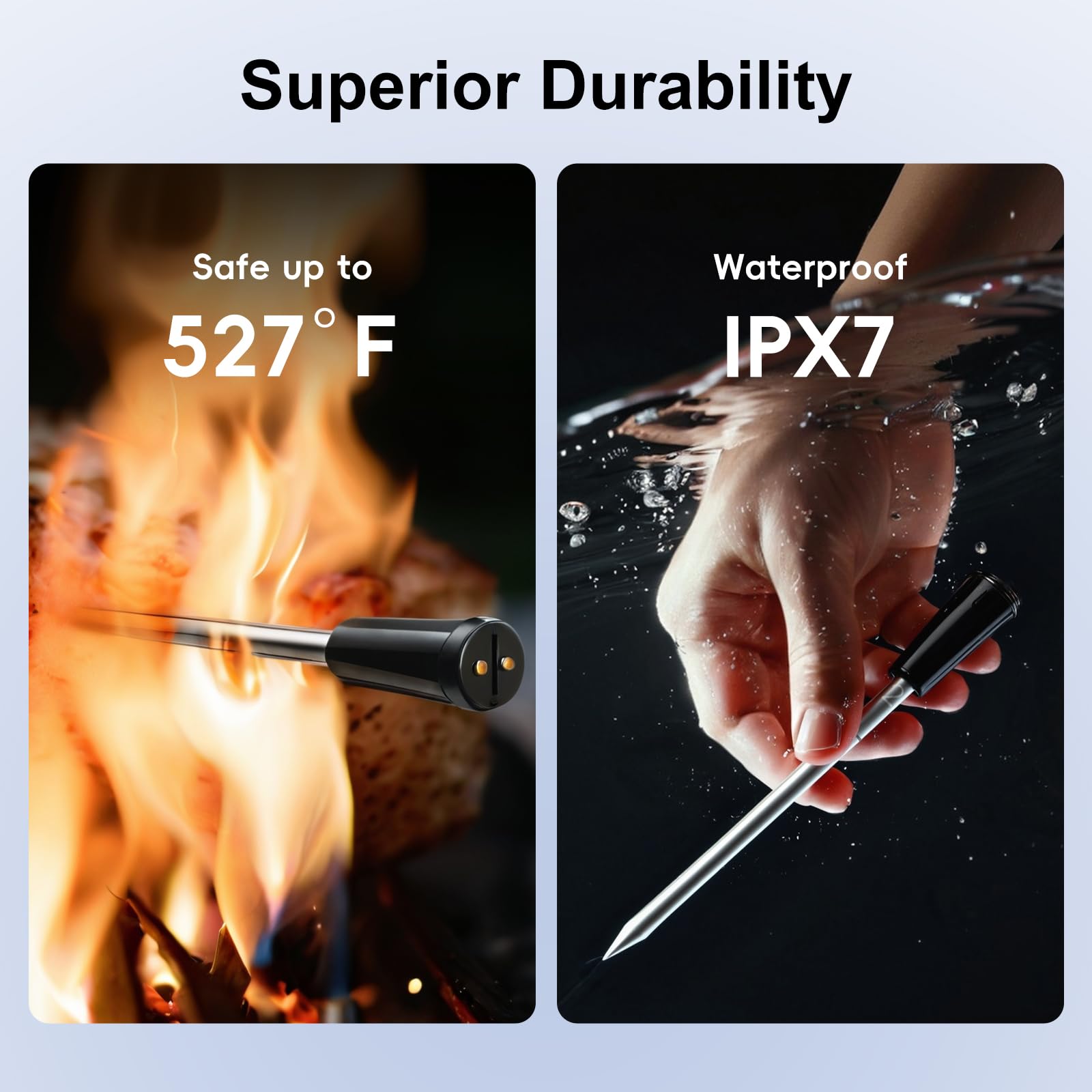 Newise probes inserted in a grill demonstrating ambient and meat monitoring benefit