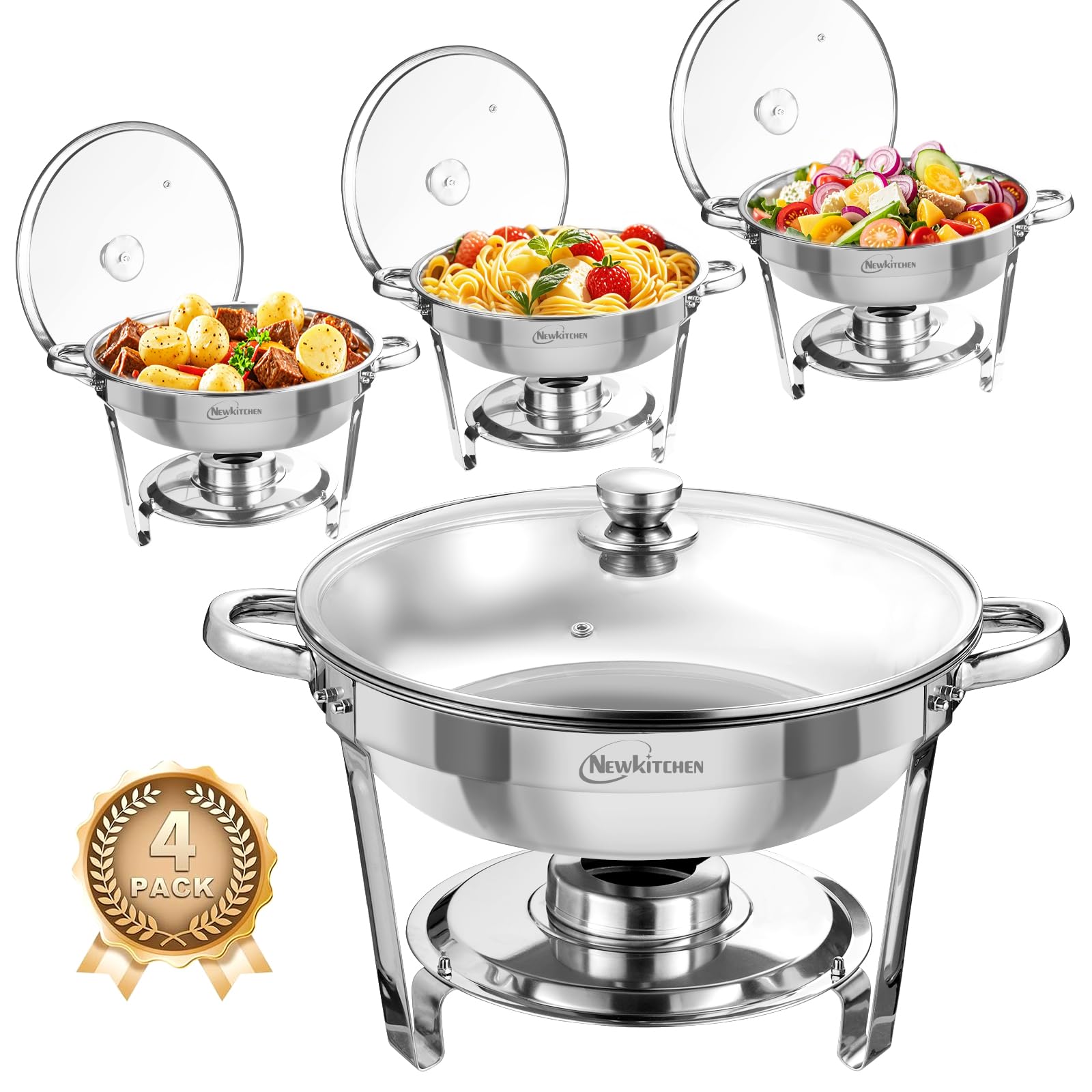 NEWKITCHEN front view of 5QT chafing dish showing polished stainless finish and glass lid for elegant presentation