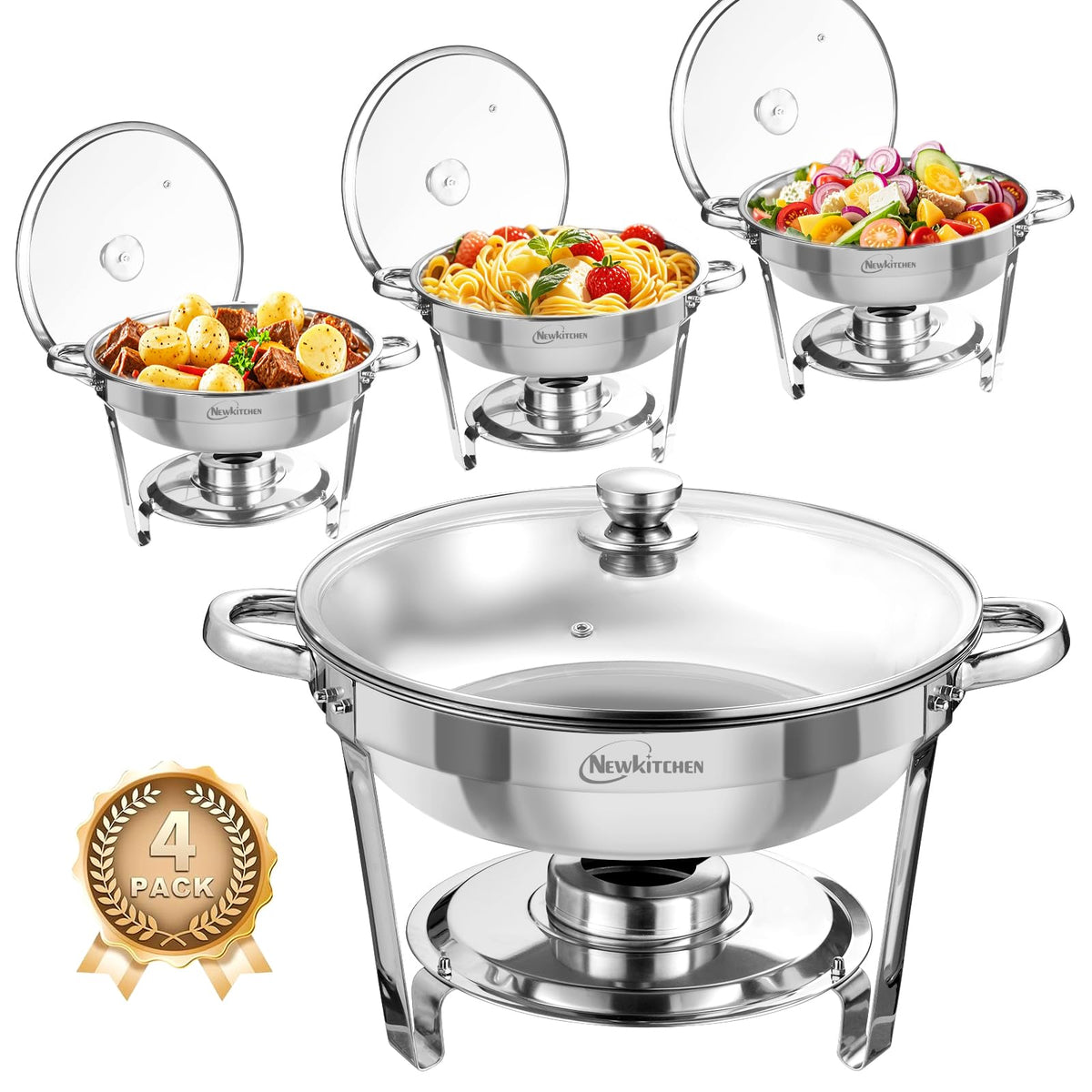 NEWKITCHEN front view of 5QT chafing dish showing polished stainless finish and glass lid for elegant presentation