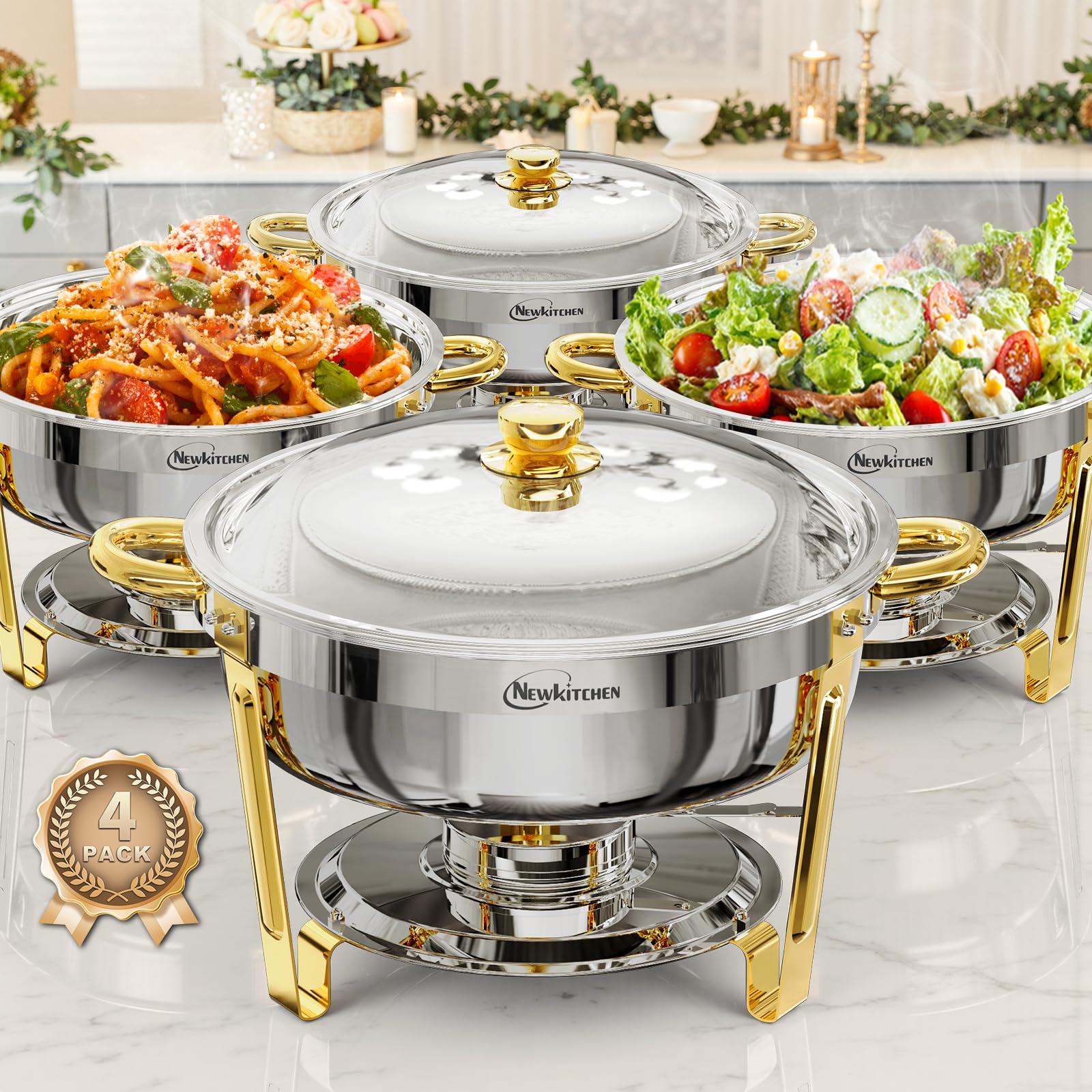 NEWKITCHEN front view of four chafing dishes showing polished finish and presentation benefit