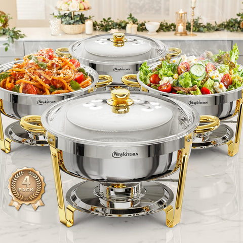 NEWKITCHEN front view of four chafing dishes showing polished finish and presentation benefit