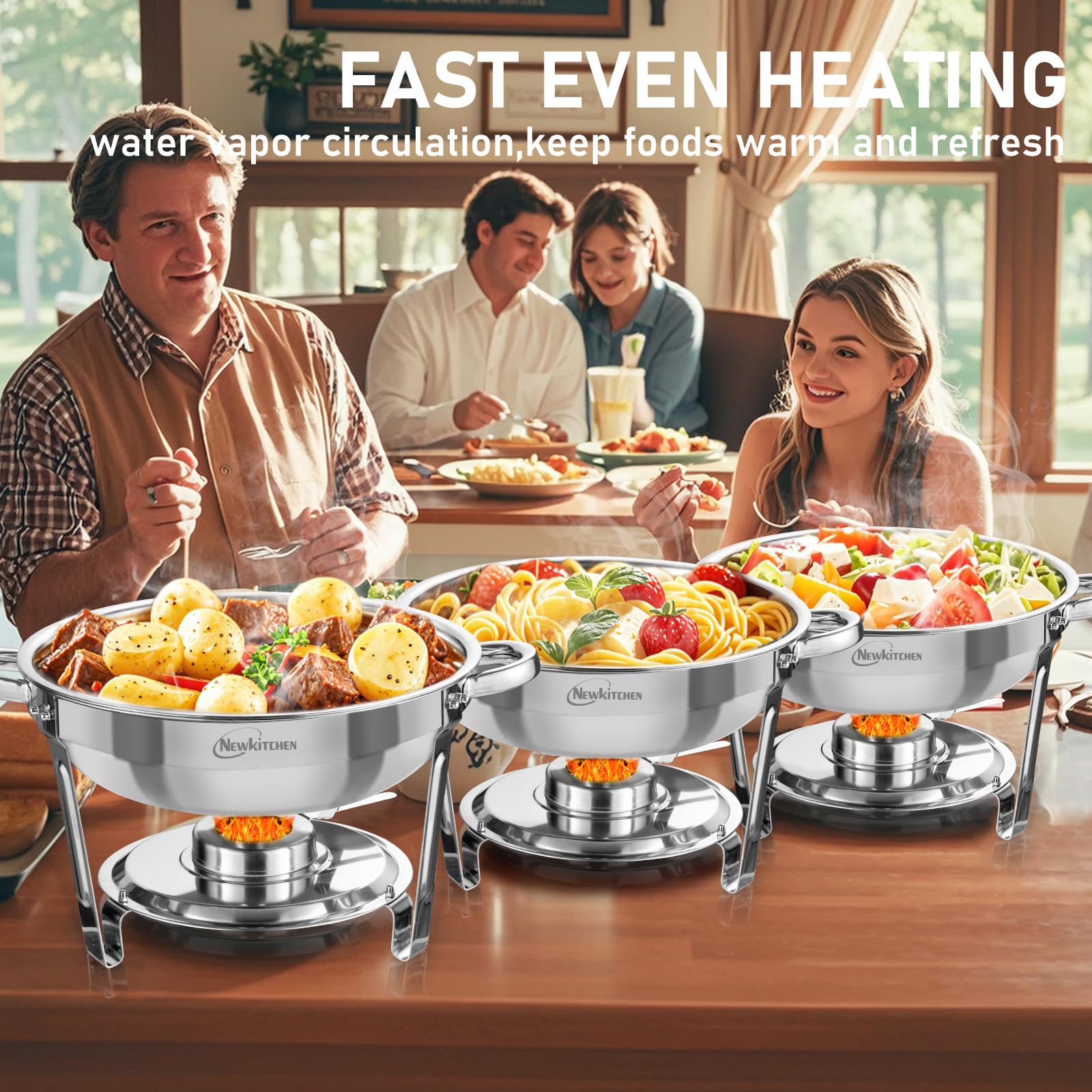 NEWKITCHEN chafing dish set in buffet line demonstrating even food holding and professional look
